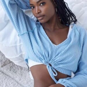 Urban Outfitters Light Blue Cropped Tie-Front Waffle Knit Top